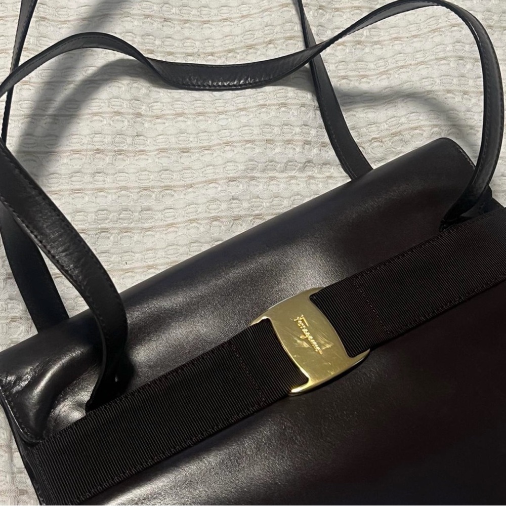 Salvatore Ferragamo Black Leather Shoulder Bag with Gold Accent